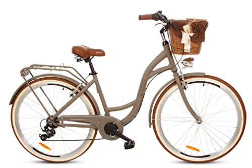 Goetze Mood - Bicicleta de aluminio para mujer, retro, vintage, con ruedas de 28 pulgadas, cambio Shimano de 7 marchas, cesta con acolchado gratis