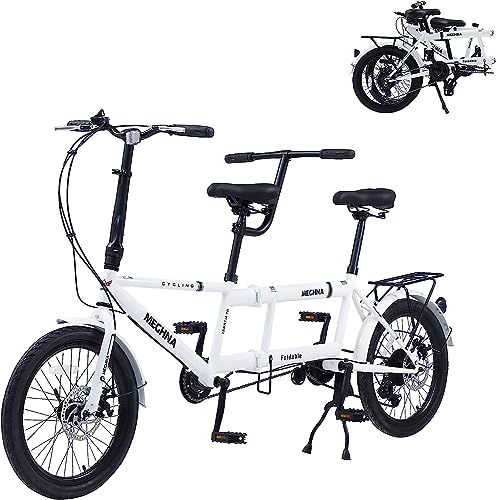 LAYIQDC Bicicleta tándem, bicicleta plegable para tres personas, bicicleta familiar adecuada para dos adultos y un niño, material de acero de alto carbono, resistente al óxido y duradero (blanco)